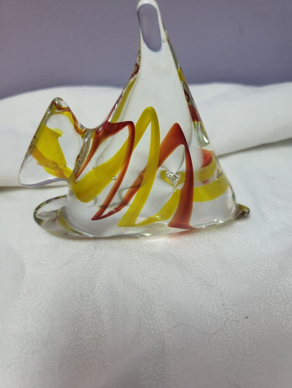 Murano Handblown 4 x 4 In.Glass Fish Sculpture with Yellow and Red Orange Swirls